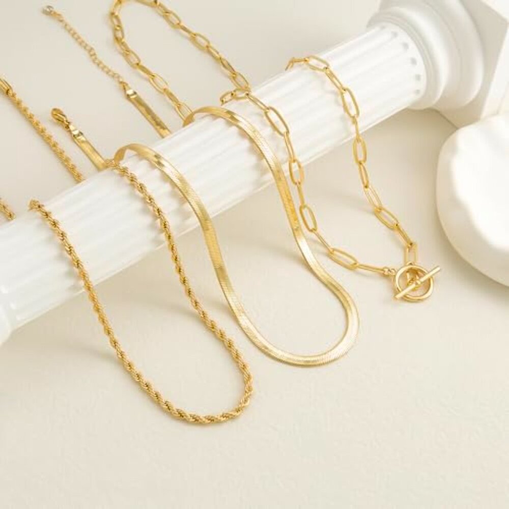 Gold Layered Necklace Set Stackable Chunky Choker… - image 4